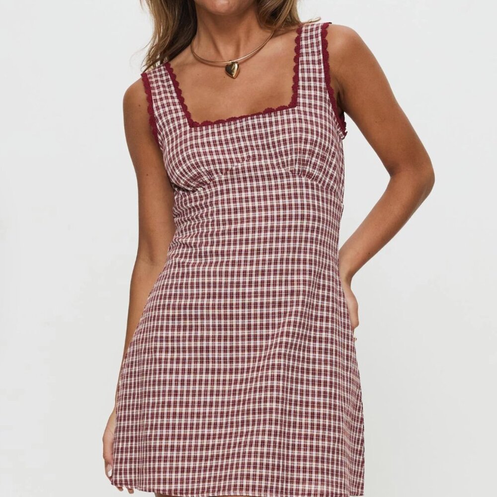 Princess Polly Burgundy and White Gingham Mini Dress